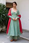 Buy_Vashisht Guru Dutt_Green Handloom Tissue Chanderi Embroidery Bloom Anarkali And Palazzo Pant Set _at_Aza_Fashions