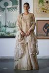 Buy_Vashisht Guru Dutt_Brown Tulle Net Embroidery Bead Round Neck Gul Short Anarkali And Sharara Set _at_Aza_Fashions