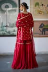 Shop_Vashisht Guru Dutt_Red Woven Chanderi Embroidery Zardozi Split V Gullista Kurta And Gharara Set _at_Aza_Fashions