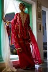 Buy_Vashisht Guru Dutt_Red Woven Chanderi Embroidery Zardozi Split V Gullista Kurta And Gharara Set 