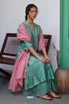 Shop_Vashisht Guru Dutt_Green Woven Chanderi Embroidery Mukaish Split V Floral Buti Kurta And Sharara Set _Online_at_Aza_Fashions