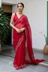 Buy_Vashisht Guru Dutt_Red Silk Organza Embroidery Zardozi Plunging V Fleur Border Saree With Blouse _at_Aza_Fashions