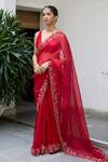 Buy_Vashisht Guru Dutt_Red Silk Organza Embroidery Zardozi Plunging V Fleur Border Saree With Blouse _Online_at_Aza_Fashions