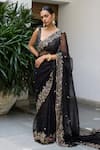 Buy_Vashisht Guru Dutt_Black Silk Organza Embroidery Zardozi Blossom Border Saree With Blouse _at_Aza_Fashions