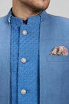 BUBBER COUTURE_Blue Matka Silk Embroidery Geometric Armano Layered Bandhgala Jacket _at_Aza_Fashions