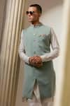 BUBBER COUTURE_Green Crepe Wool Plain Cielo Sherwani Jacket _Online_at_Aza_Fashions