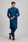 Buy_BUBBER COUTURE_Blue Cotton Silk Plain Paolo Kurta With Pant _at_Aza_Fashions