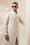 Buy_BUBBER COUTURE_Cream Textured Cotton Print Horse Of Siena Romano Sherwani Jacket _Online_at_Aza_Fashions