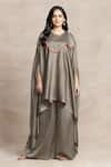 Buy_Kelaayah_Grey Imported Silk Embroidery Thread Tassels Round Neck Taika Cape With Palazzo _at_Aza_Fashions