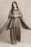 Buy_Kelaayah_Grey Imported Silk Embroidery Thread Tassels Round Neck Taika Cape With Palazzo _Online_at_Aza_Fashions