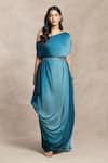 Buy_Kelaayah_Blue Satin Chiffon Plain Asymmetric Neck Manha Ombre Dress With Belt _at_Aza_Fashions