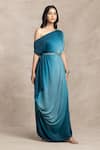 Kelaayah_Blue Satin Chiffon Plain Asymmetric Neck Manha Ombre Dress With Belt _Online_at_Aza_Fashions