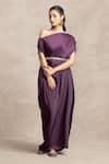 Buy_Kelaayah_Purple Imported Satin Plain Asymmetric Neck Hala Draped Dress With Belt _at_Aza_Fashions