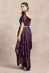 Shop_Kelaayah_Purple Imported Satin Plain Asymmetric Neck Hala Draped Dress With Belt _at_Aza_Fashions