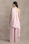 Shop_Kelaayah_Pink Imported Microfiber Satin Placement Kina One Shoulder Kaftan With Palazzo _at_Aza_Fashions