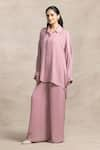 Buy_Kelaayah_Pink Imported Satin Plain Collared Neck Emiri Asymmetric Shirt With Harem Pant _at_Aza_Fashions