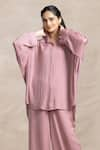 Kelaayah_Pink Imported Satin Plain Collared Neck Emiri Asymmetric Shirt With Harem Pant _Online_at_Aza_Fashions