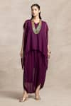 Buy_Kelaayah_Purple Crinkled Chiffon Plain V Neck Sakai Kaftan With Harem Pant _at_Aza_Fashions