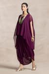 Kelaayah_Purple Crinkled Chiffon Plain V Neck Sakai Kaftan With Harem Pant _Online_at_Aza_Fashions