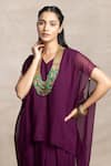 Buy_Kelaayah_Purple Crinkled Chiffon Plain V Neck Sakai Kaftan With Harem Pant _Online_at_Aza_Fashions