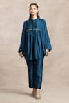 Buy_Kelaayah_Blue Imported Silk Plain Mandarin Collar Hoshi Pleated Kaftan With Pant _Online_at_Aza_Fashions