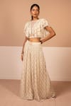 Buy_Kelaayah_Beige Georgette Printed Flower Round Shane Ruffled Crop Top With Skirt _at_Aza_Fashions