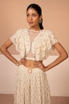 Kelaayah_Beige Georgette Printed Flower Round Shane Ruffled Crop Top With Skirt _Online_at_Aza_Fashions