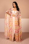 Buy_Kelaayah_Multi Color Chinon Embellished Chevron Cape Open Irene Print Draped Skirt Set _at_Aza_Fashions