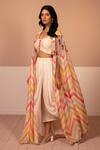 Kelaayah_Multi Color Chinon Embellished Chevron Cape Open Irene Print Draped Skirt Set _Online_at_Aza_Fashions