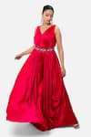 Buy_Kelaayah_Pink Satin Chiffon Embellished Nalki V-neck Ember Pleated Solid Gown _at_Aza_Fashions