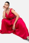 Buy_Kelaayah_Pink Satin Chiffon Embellished Nalki V-neck Ember Pleated Solid Gown _Online_at_Aza_Fashions