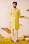 Buy_Shreyansh Designs_Yellow Chanderi Silk Embroidery Thread Yamak Stripe Kurta Set _at_Aza_Fashions