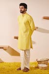 Shreyansh Designs_Yellow Chanderi Silk Embroidery Thread Yamak Stripe Kurta Set _Online_at_Aza_Fashions