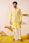 Buy_Shreyansh Designs_Yellow Dupion Silk Embroidery Thread Yajur Chevron Bundi And Kurta Set _at_Aza_Fashions