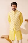 Shreyansh Designs_Yellow Dupion Silk Embroidery Thread Lime Chevron Bundi Set _at_Aza_Fashions