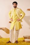 Buy_Shreyansh Designs_Yellow Dupion Silk Embroidery Thread Yajur Chevron Bundi And Kurta Set 