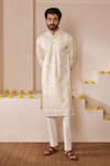 Buy_Shreyansh Designs_White Padma Silk Embroidery Mirror Mokshith Sequin Kurta Set _at_Aza_Fashions