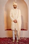 Buy_Shreyansh Designs_Ivory Dupion Silk Embroidery Thread Narottam Floral Sherwani Set _at_Aza_Fashions