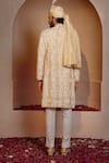 Shop_Shreyansh Designs_Ivory Dupion Silk Embroidery Thread Narottam Floral Sherwani Set _at_Aza_Fashions