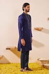 Shop_Shreyansh Designs_Blue Dupion Silk Embroidery Nalki Gaurish Geometric Bundi Kurta Set _Online_at_Aza_Fashions