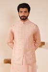 Buy_Shreyansh Designs_Pink Dupion Silk Embroidery Mirror Devansh Garden Bloom Bundi Kurta Set _Online_at_Aza_Fashions