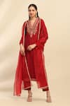 Buy_Aarke Ritu Kumar_Red Viscosel Poly Dupion Embellished V Neck Scarlette Kurta Set _at_Aza_Fashions