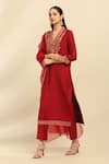 Aarke Ritu Kumar_Red Viscosel Poly Dupion Embellished V Neck Scarlette Kurta Set _Online_at_Aza_Fashions