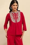 Aarke Ritu Kumar_Magenta Poly Velvet Embroidered Floral Band Collar Roobab Top With Palazzo _at_Aza_Fashions