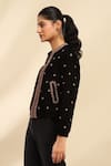 Aarke Ritu Kumar_Black Poly Velvet Embroidered Floral Band Collar Kaar Puffer Jacket _Online_at_Aza_Fashions