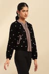 Buy_Aarke Ritu Kumar_Black Poly Velvet Embroidered Floral Band Collar Kaar Puffer Jacket _Online_at_Aza_Fashions