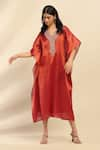 Buy_Aarke Ritu Kumar_Orange Poly Lurex Tissue Embroidered Floral V Neck Sitara Kaftan _at_Aza_Fashions