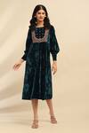 Buy_Aarke Ritu Kumar_Green Poly Velvet Embroidered Floral Round Inara Yoke Dress _at_Aza_Fashions