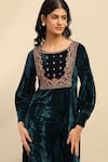 Shop_Aarke Ritu Kumar_Green Poly Velvet Embroidered Floral Round Inara Yoke Dress _Online_at_Aza_Fashions