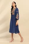 Aarke Ritu Kumar_Blue Viscose Poly Dupion Embroidered Botanical Notched Round Mizuki Dress _Online_at_Aza_Fashions